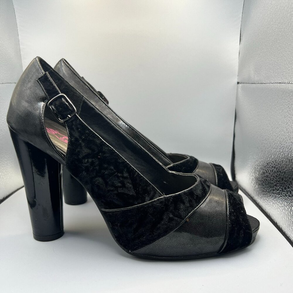 Hot Kiss Black Velvet & Faux Leather Peep-Toe Heels--Women's 9.5
